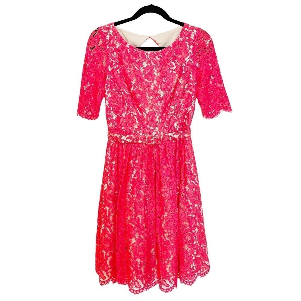 Eliza J Belted Lace Fit and Flare Dress Short Sleeves Red Women's Size 2 - Picture 3 of 15